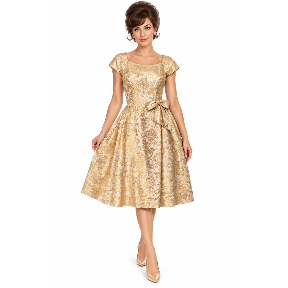 Vintage 1960s Gold Lurex Brocade Floral Fit & Flare Cocktail Dress Bow XS